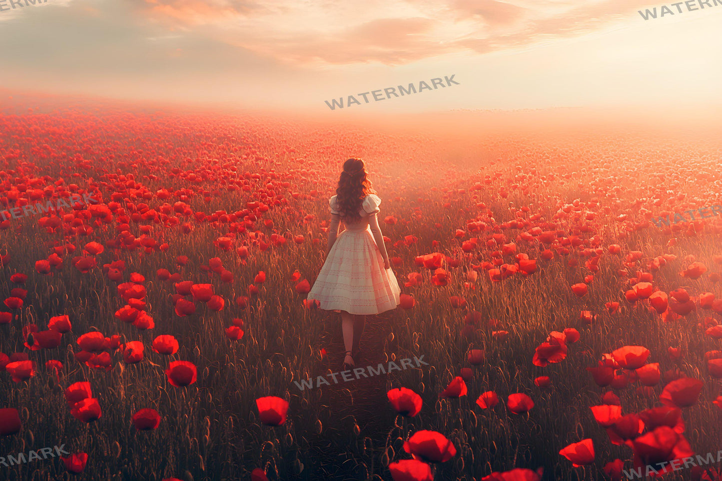 Dreamy Poppy Fields Digital Backdrop, Wizard of Oz Photography Background with Solitary Figure, Red Flower Landscape Scene