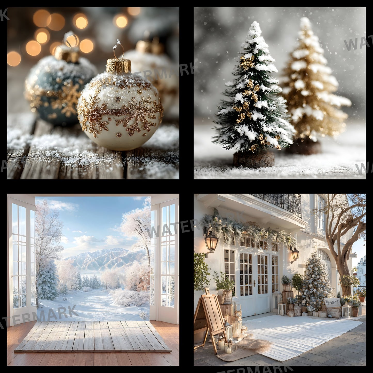 White Gold Christmas Backdrop, Snowy Outdoor Scene, Square Digital Background for Holiday Photography, Winter Wonderland Photo Prop, Festive Portrait