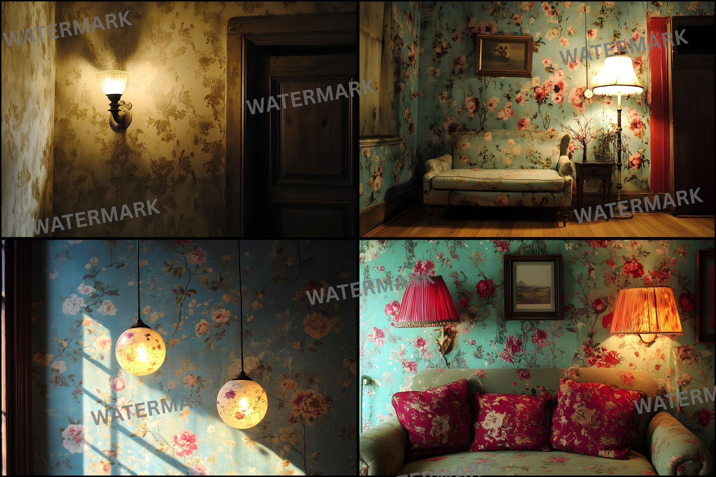 Vintage Wallpaper Room Digital Backdrop, Photography Backgrounds, Antique Interior Photo Prop, High-Res Image for Photographers