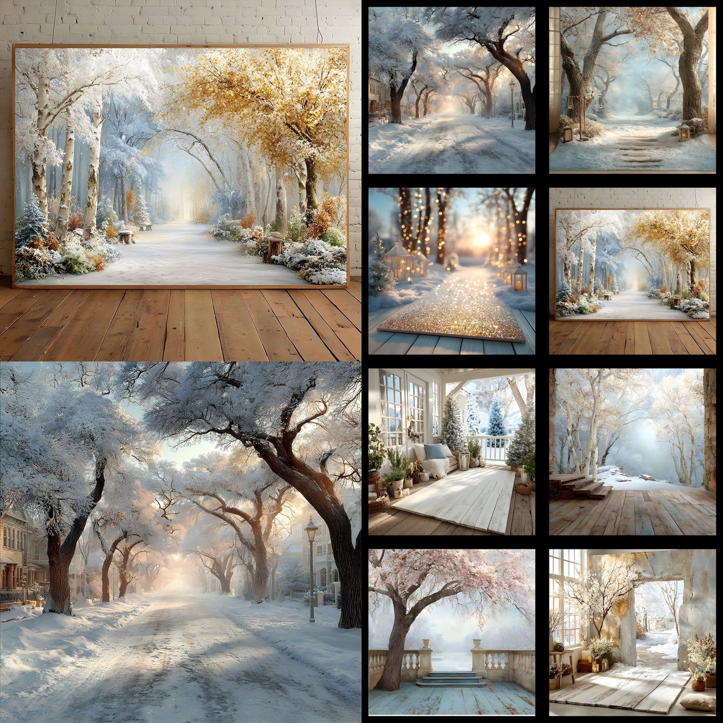 White Gold Christmas Backdrop, Snowy Outdoor Scene, Square Digital Background for Holiday Photography, Winter Wonderland Photo Prop, Festive Portrait