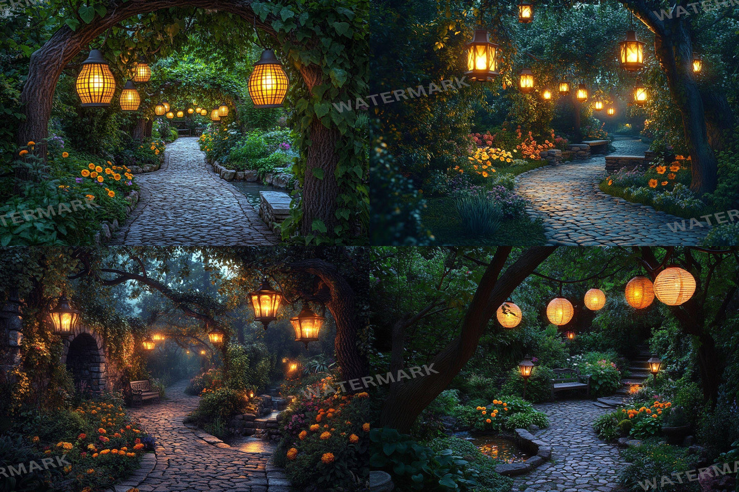 Hidden Lantern Garden Backdrop: PNGs for Enchanting Night Photography, Magical Forest Lantern Scenes, Serene Secret Garden Backdrop