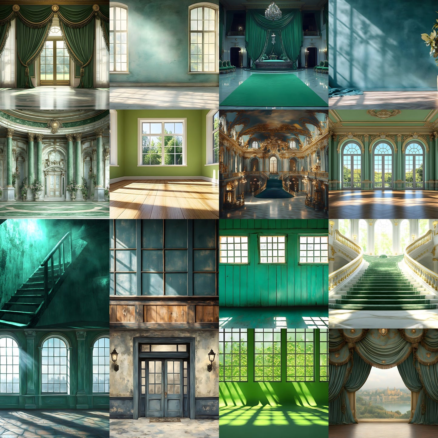 Royal Green Interior Digital Backdrop Set, Elegant Home Photography Backgrounds, for Stunning Visuals, High-Quality Images for Creative Projects