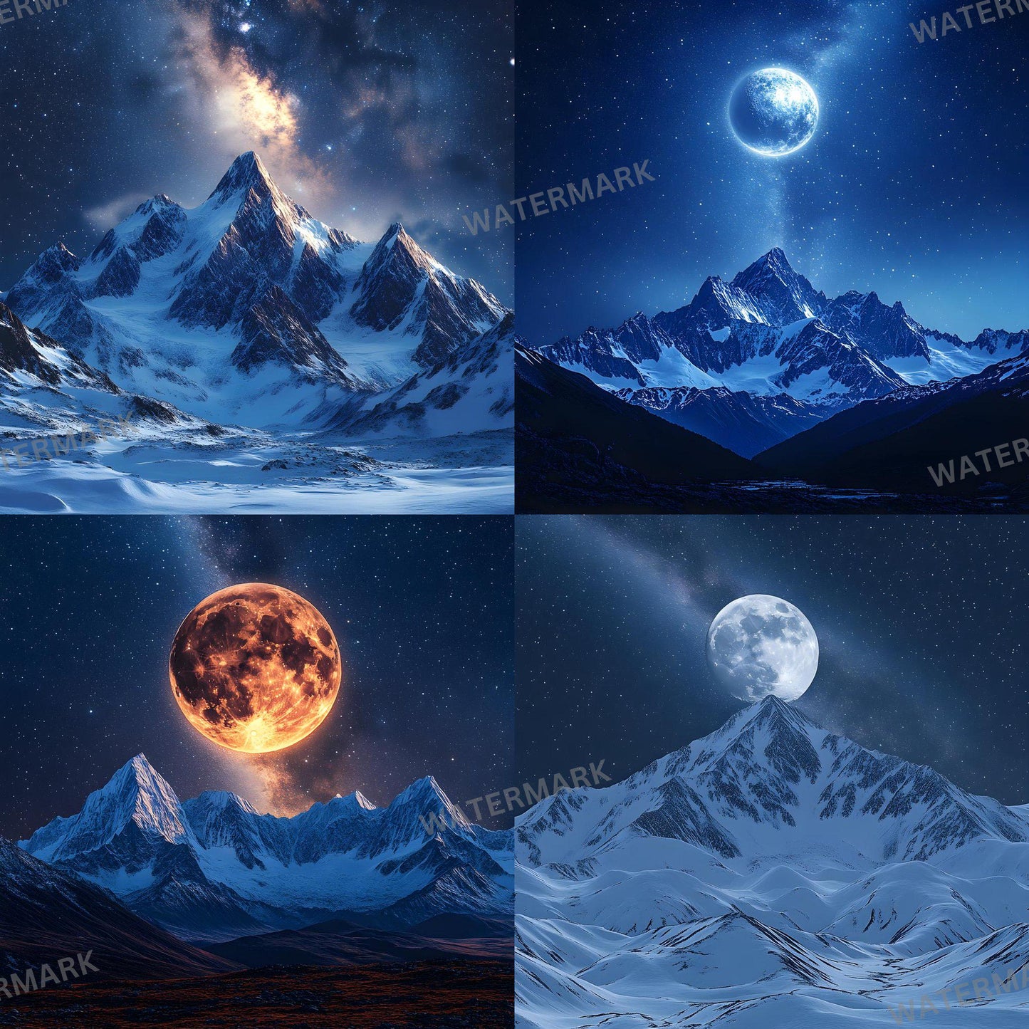 Celestial Moonlit Photography Backdrops - Lunar Landscapes, Starry Peaks, Radiant Moons, Twilight Skies, Nightfall Mountain Backgrounds