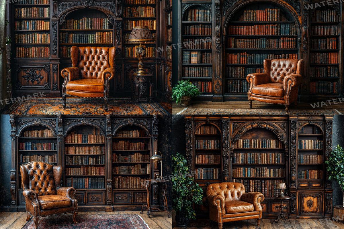 Warm Aesthetic Grand Victorian Bookcase Backdrops for Digital Artists Photographers - Ideal for Inviting Designs - 00x00px PNGs
