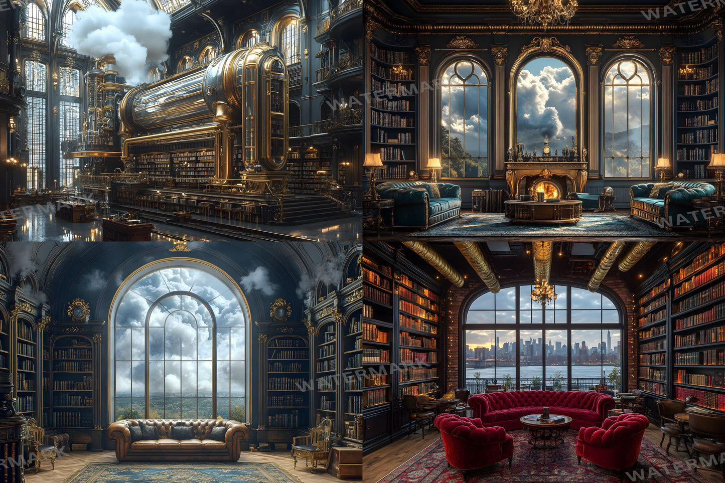 Steampunk Library Charm Backdrops | Vintage Study | Steampunk Bookshelves | Gothic Reading Nook | Digital Backgrounds