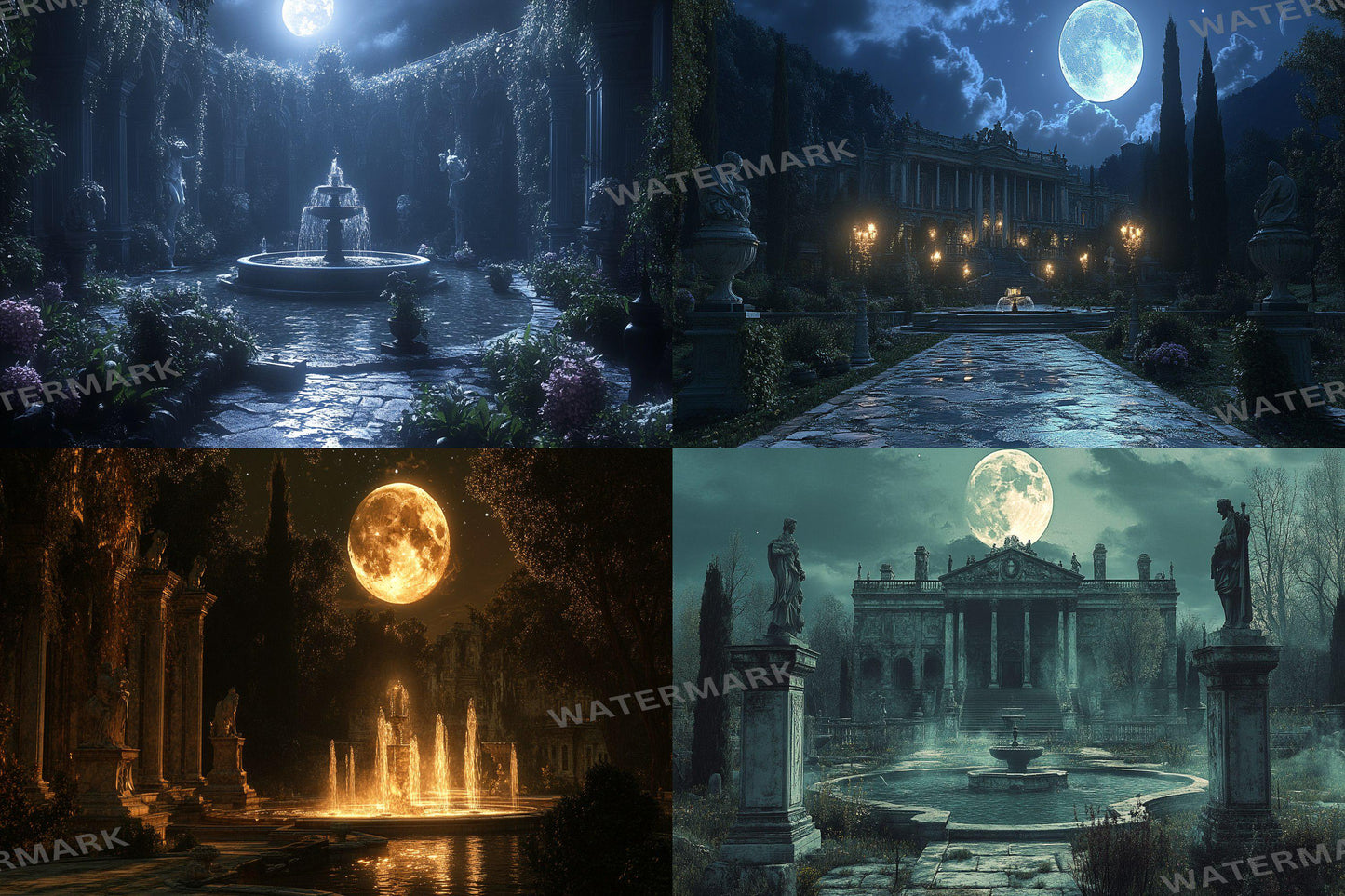 Moonlit Palace digital backdrop, 16:9 ratio. Majestic palace under the glow of the moon, perfect for streaming backgrounds or TV wallpaper