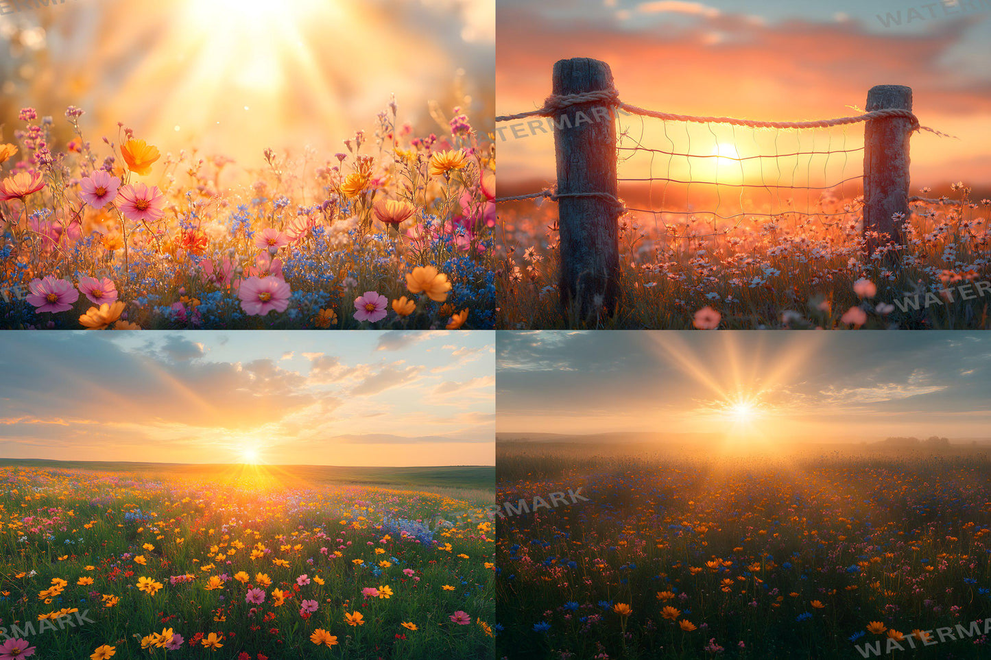 Wildflower Sunrise Digital Backdrops - Golden Hour Meadow Backgrounds, Nature Landscape Photography Overlay - Floral Photoshop Composites
