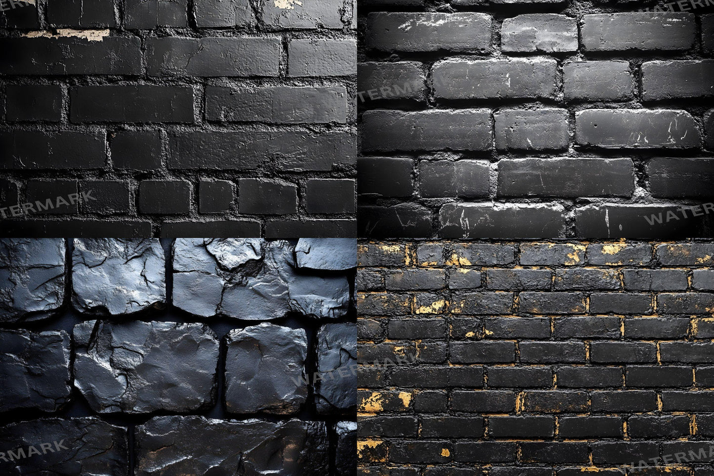 Sleek Black Brick Backdrops - Dark Urban, Industrial Texture, Moody Digital Backgrounds