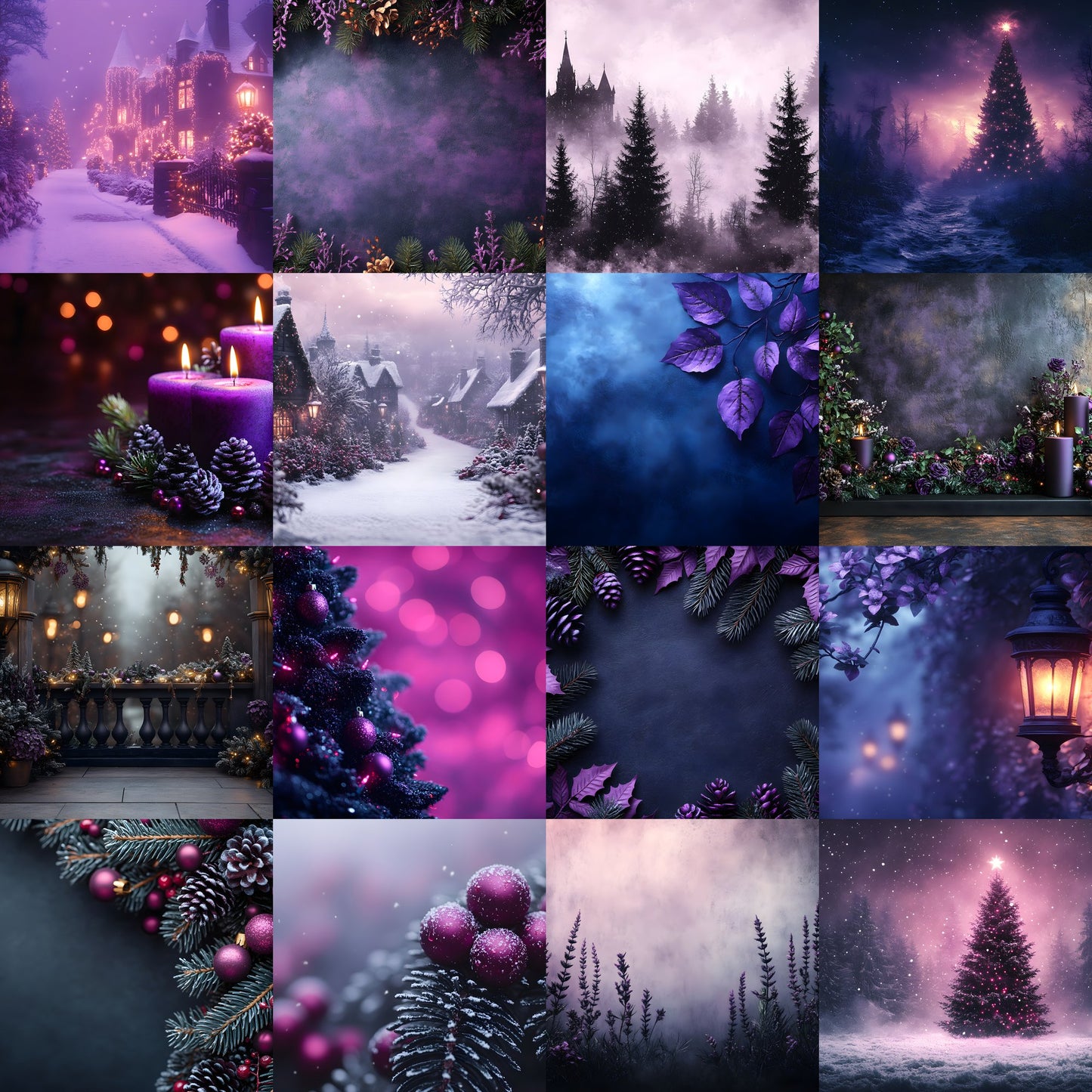 Gothic Purple Christmas Backdrop Set, Fantasy Holiday Backgrounds for Photography, Dark Festive Digital Backdrops, Winter Photo Overlays