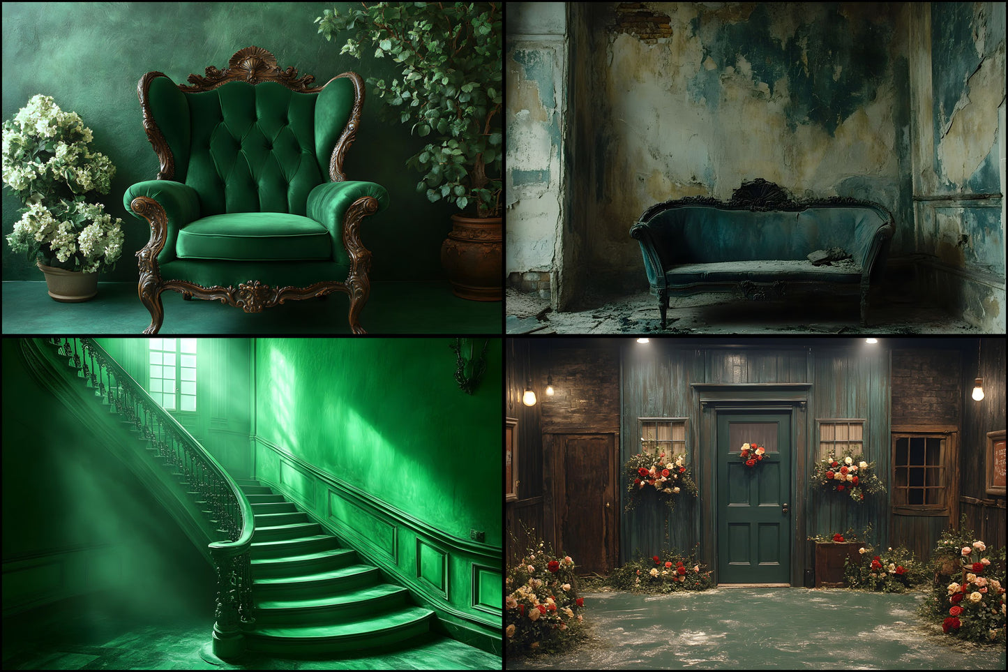 Royal Green Interior Digital Backdrop Collection, Photography Backgrounds, Elegant Home Photo Overlays, Virtual Studio Scenes, Fine Art Textures