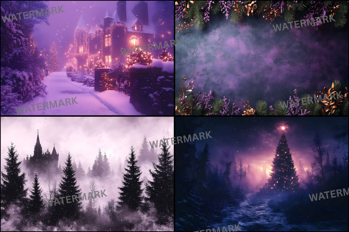 Gothic Purple Christmas Backdrop Set, Fantasy Holiday Backgrounds for Photography, Dark Festive Digital Backdrops, Winter Photo Overlays