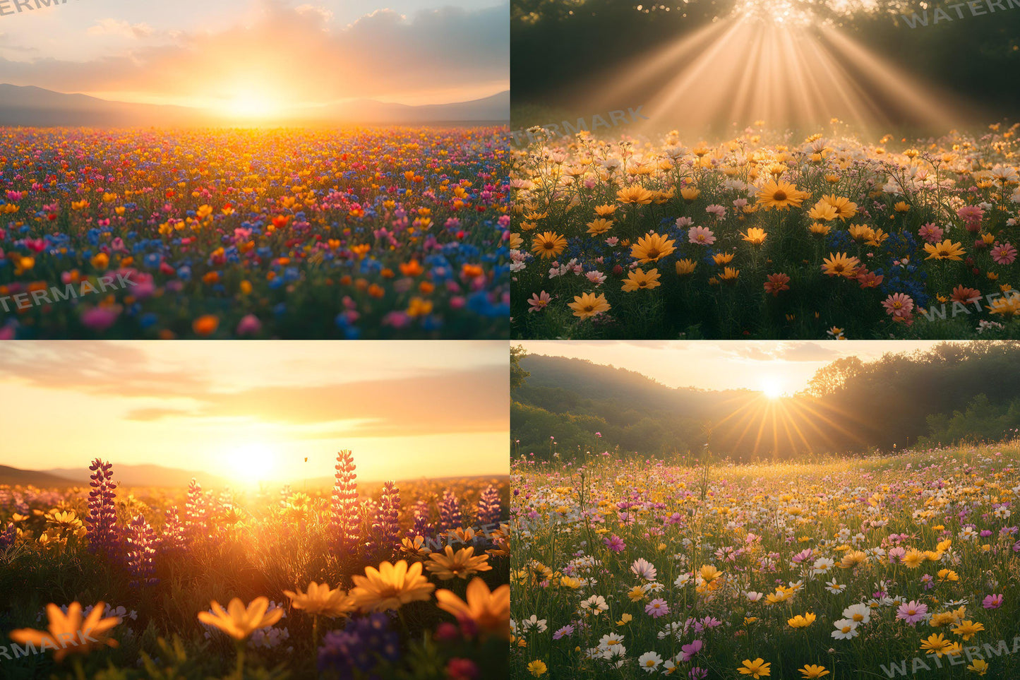 Wildflower Sunrise Digital Backdrops - Golden Hour Meadow Backgrounds, Nature Landscape Photography Overlay - Floral Photoshop Composites