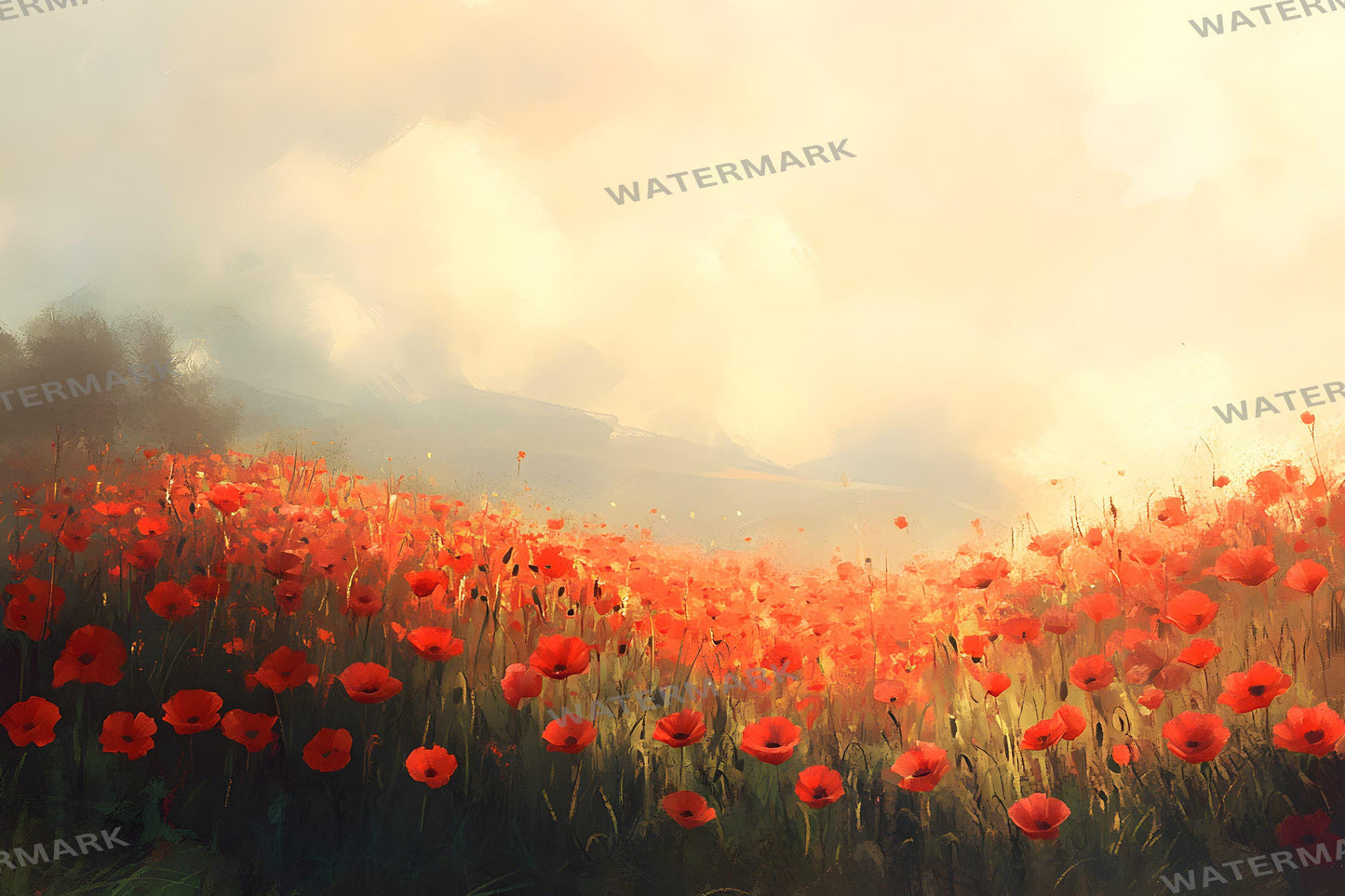Dreamy Poppy Fields Digital Backdrop, Wizard of Oz Photography Background with Solitary Figure, Red Flower Landscape Scene