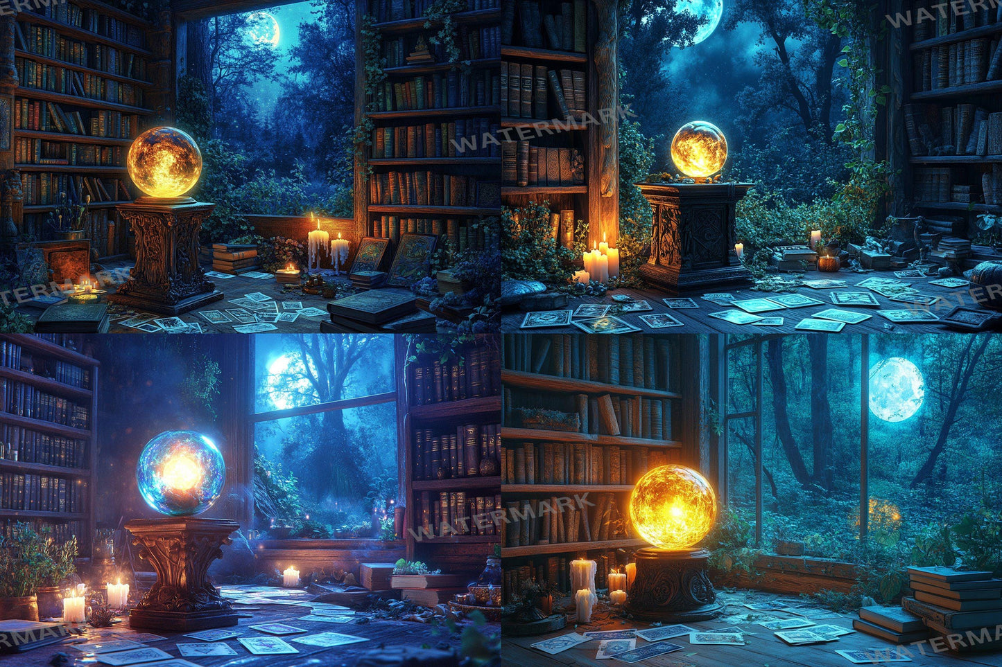 Witch Crystal Ball Backdrop: 4PNGs for Mystical Fortune Teller Photos, Magical Halloween Decor, Occult Divination Digital Backdrops