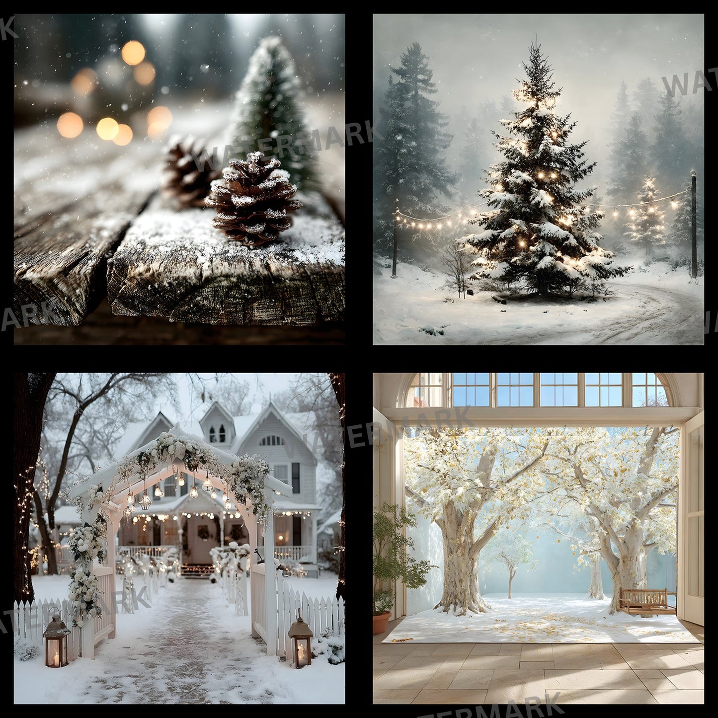 White Gold Christmas Backdrop, Snowy Outdoor Scene, Holiday Photography Background, Winter Wonderland Digital Photo Prop, Image
