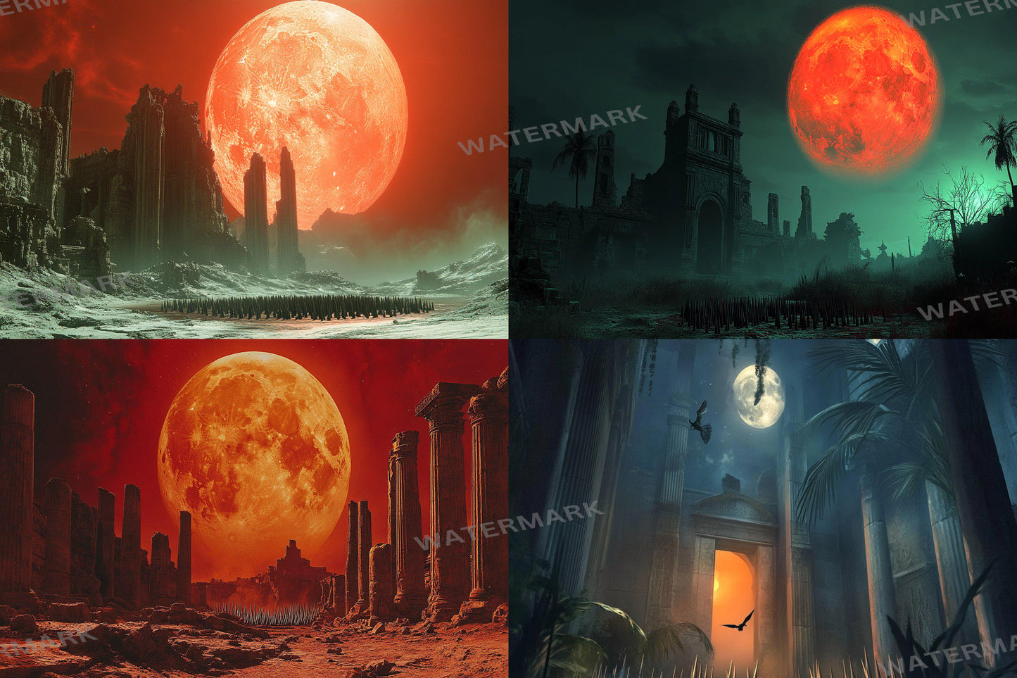 Blood Orange Moon streaming background, 16:9 ratio. Dark sky with a fiery orange moon, perfect for TV wallpaper or digital backdrops