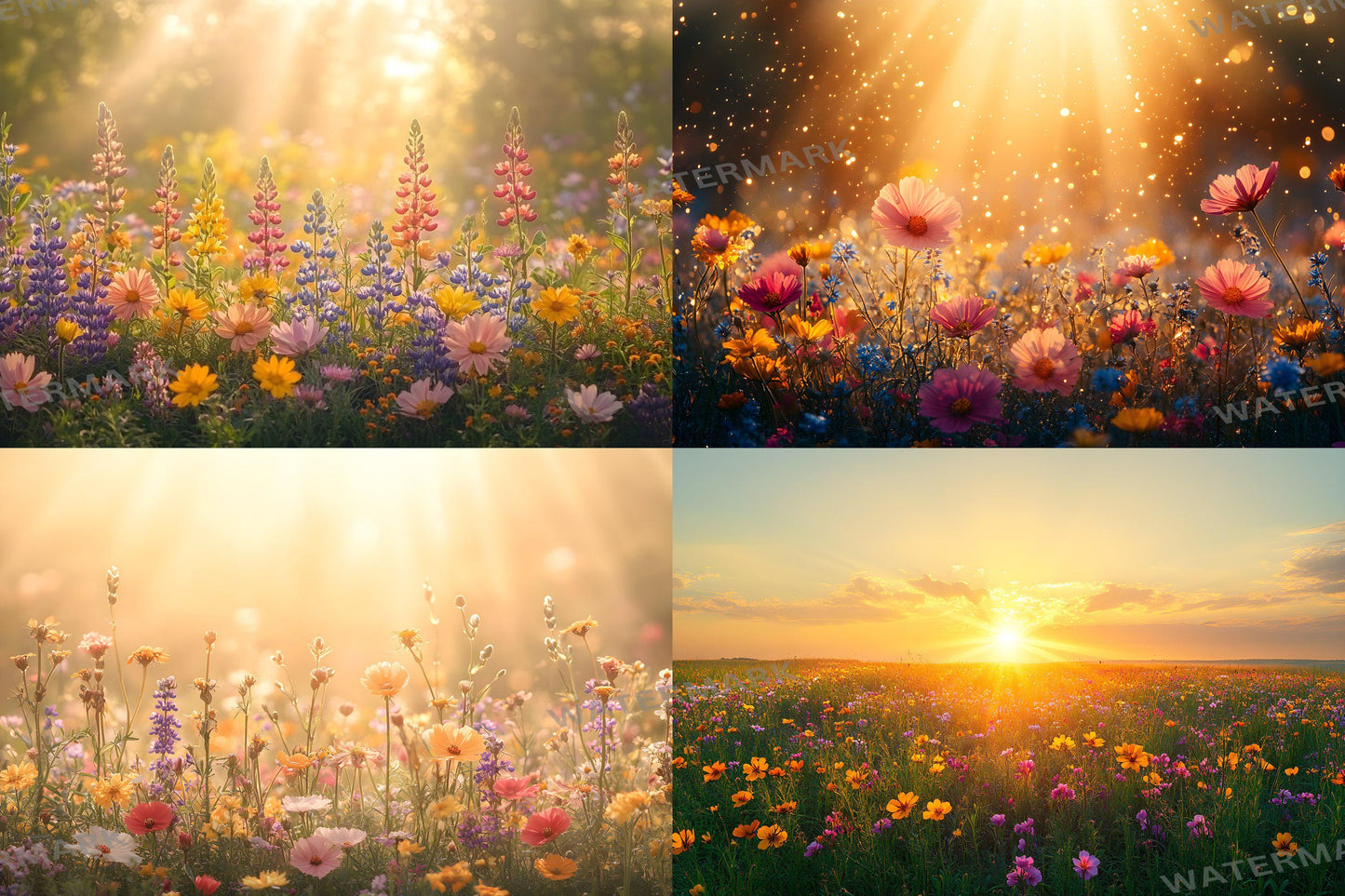Wildflower Sunrise Digital Backdrops - Golden Hour Meadow Backgrounds, Nature Landscape Photography Overlay - Floral Photoshop Composites