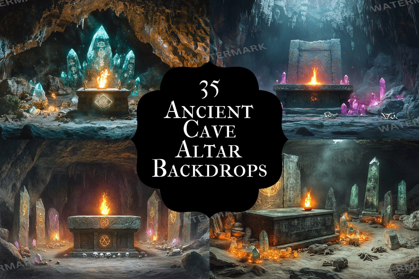 Ancient Cave Altar Backdrop: 3PNGs for Dark Fantasy Photography, Underground Ritual Chamber Scenes, Mystical Stone Digital Backdrops