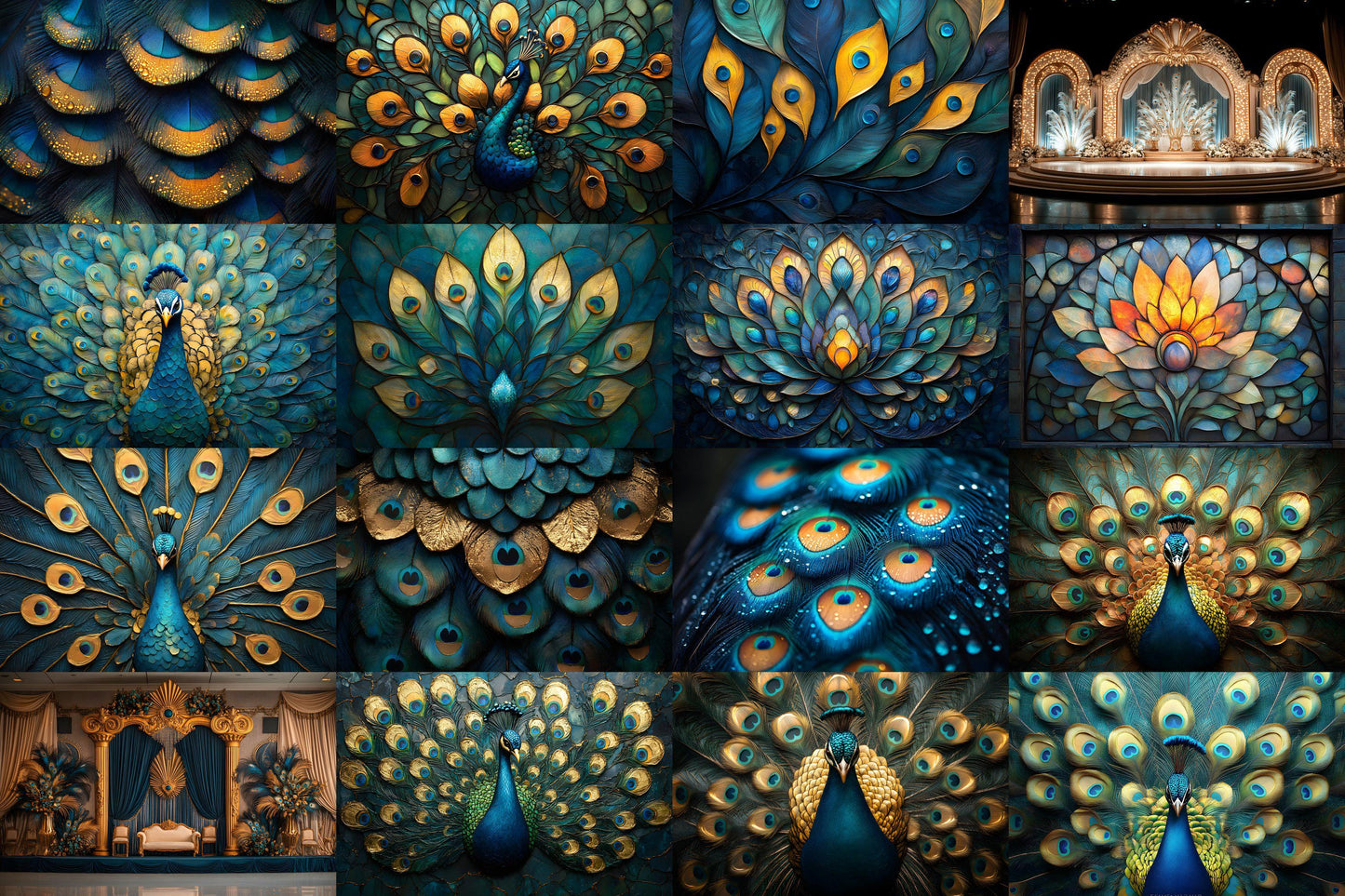 Peacock Deco Stage Backdrops | Elegant Art Deco Peacock Digital Backgrounds | Luxurious Gold & Teal Stage Design | Instant Download