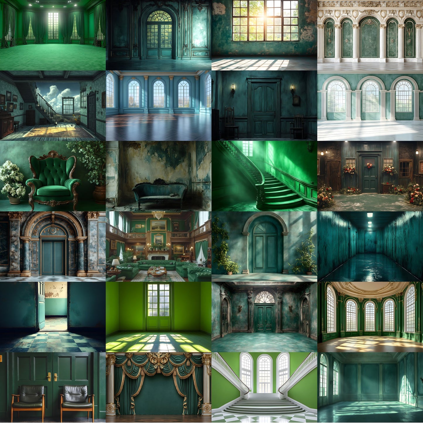 Royal Green Interior Digital Backdrop Collection, Photography Backgrounds, Elegant Home Photo Overlays, Virtual Studio Scenes, Fine Art Textures