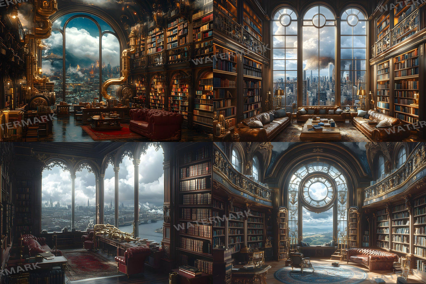 Steampunk Library Charm Backdrops | Vintage Study | Steampunk Bookshelves | Gothic Reading Nook | Digital Backgrounds