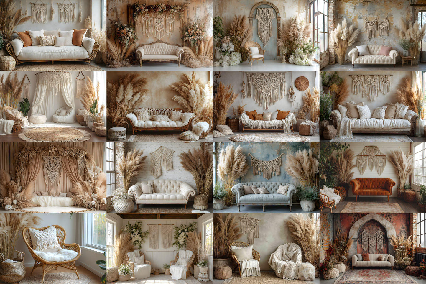 Boho Chic Bliss Backdrops, Cozy Bohemian Interior Digital Background, Light Lifestyle Decor Photo Booth Prop, Modern Plant Lover Scene