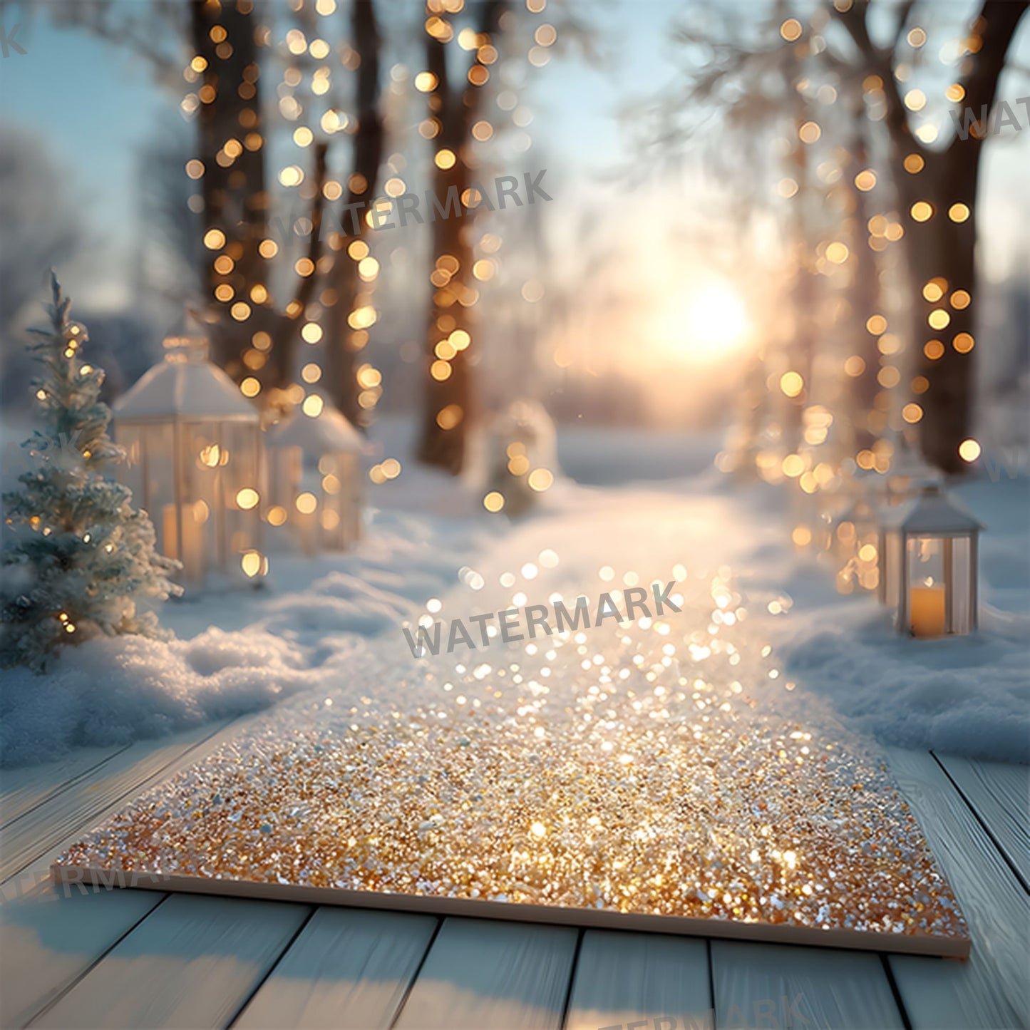 White Gold Christmas Backdrop, Snowy Outdoor Scene, Square Digital Background for Holiday Photography, Winter Wonderland Photo Prop, Festive Portrait