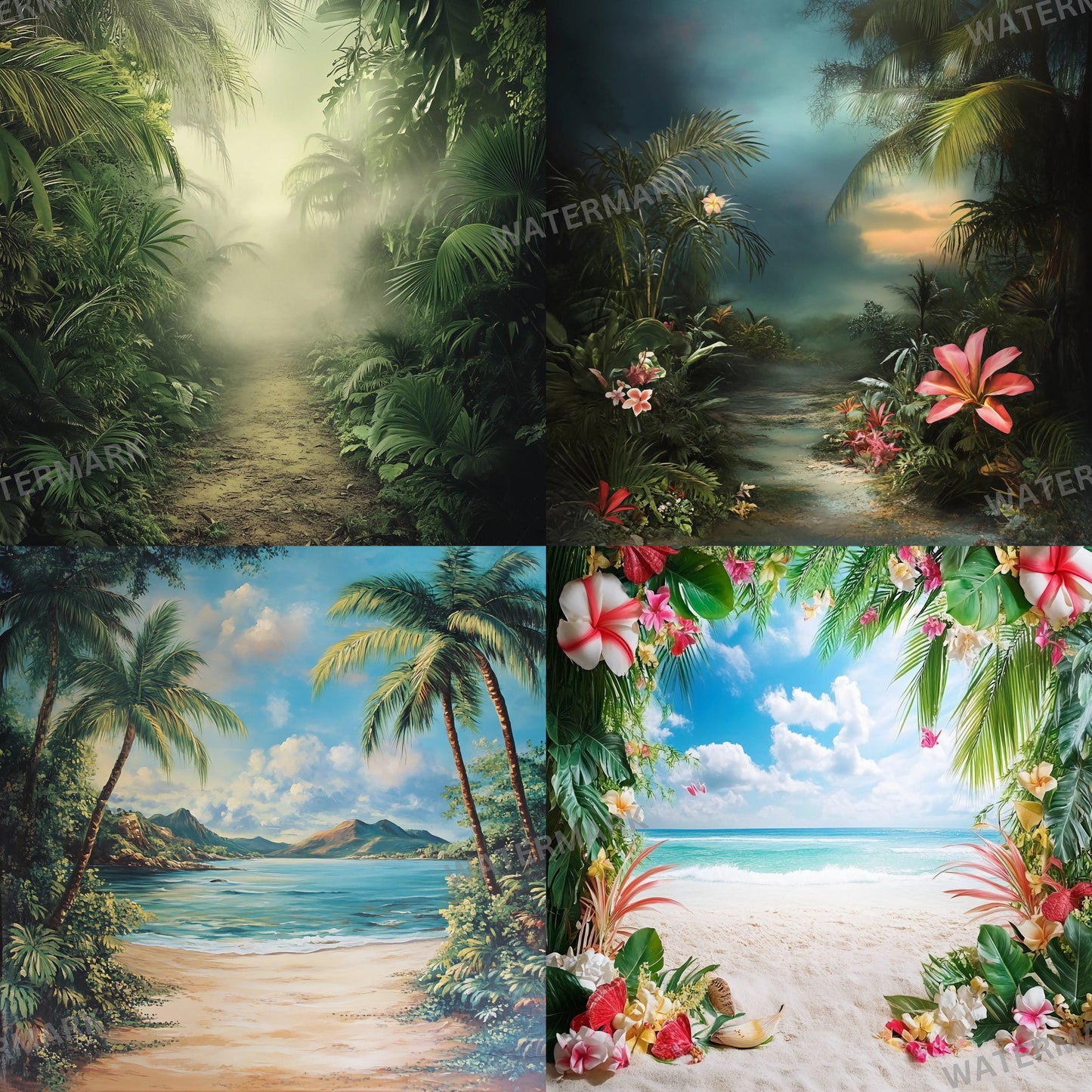 TROPICAL PHOTOGRAPHY BACKDROPS Digital Backgrounds for Photography, Bright Colorful Beaches, Palm Trees, Oceans & Floral Scene Overlays