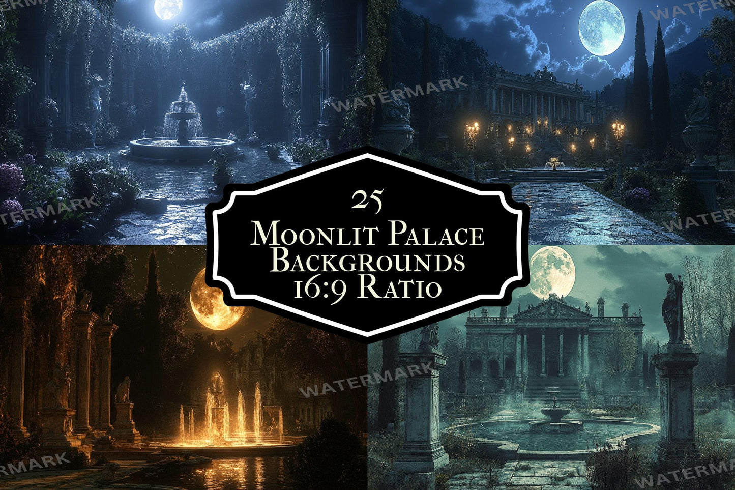 Moonlit Palace digital backdrop, 16:9 ratio. Majestic palace under the glow of the moon, perfect for streaming backgrounds or TV wallpaper
