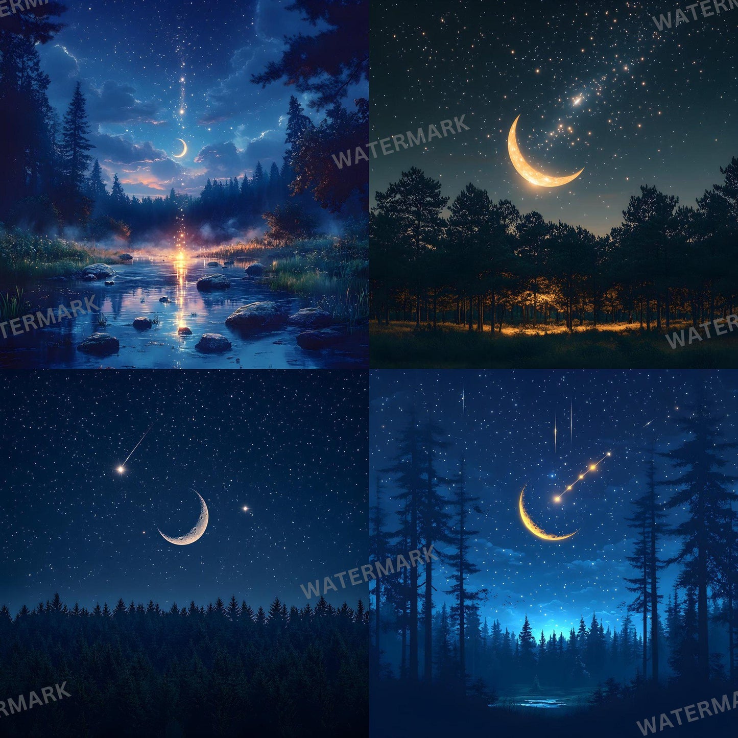 Crescent Moon Backdrops - Magical Night Sky Digital Backgrounds for Photography, Art Projects, and Creative Design