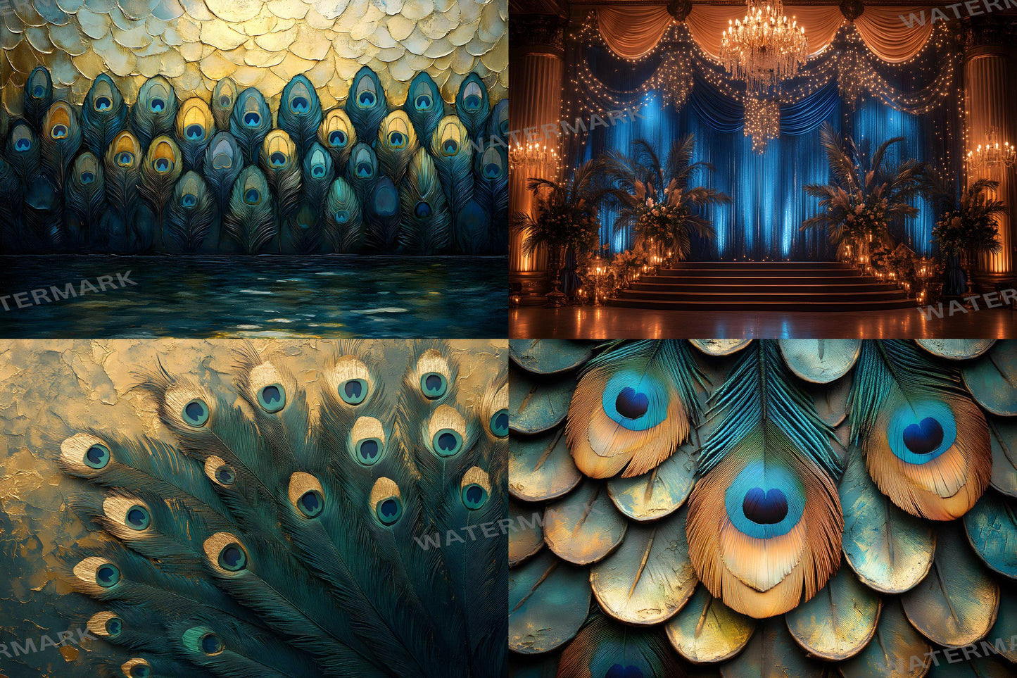Peacock Deco Stage Backdrops | Elegant Art Deco Peacock Digital Backgrounds | Luxurious Gold & Teal Stage Design | Instant Download