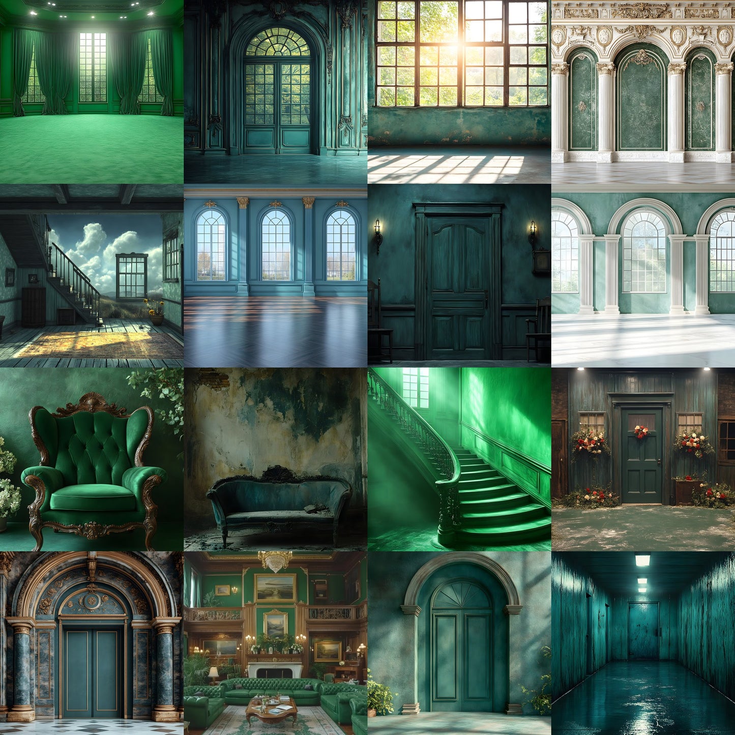 Royal Green Interior Digital Backdrop Collection, Photography Backgrounds, Elegant Home Photo Overlays, Virtual Studio Scenes, Fine Art Textures