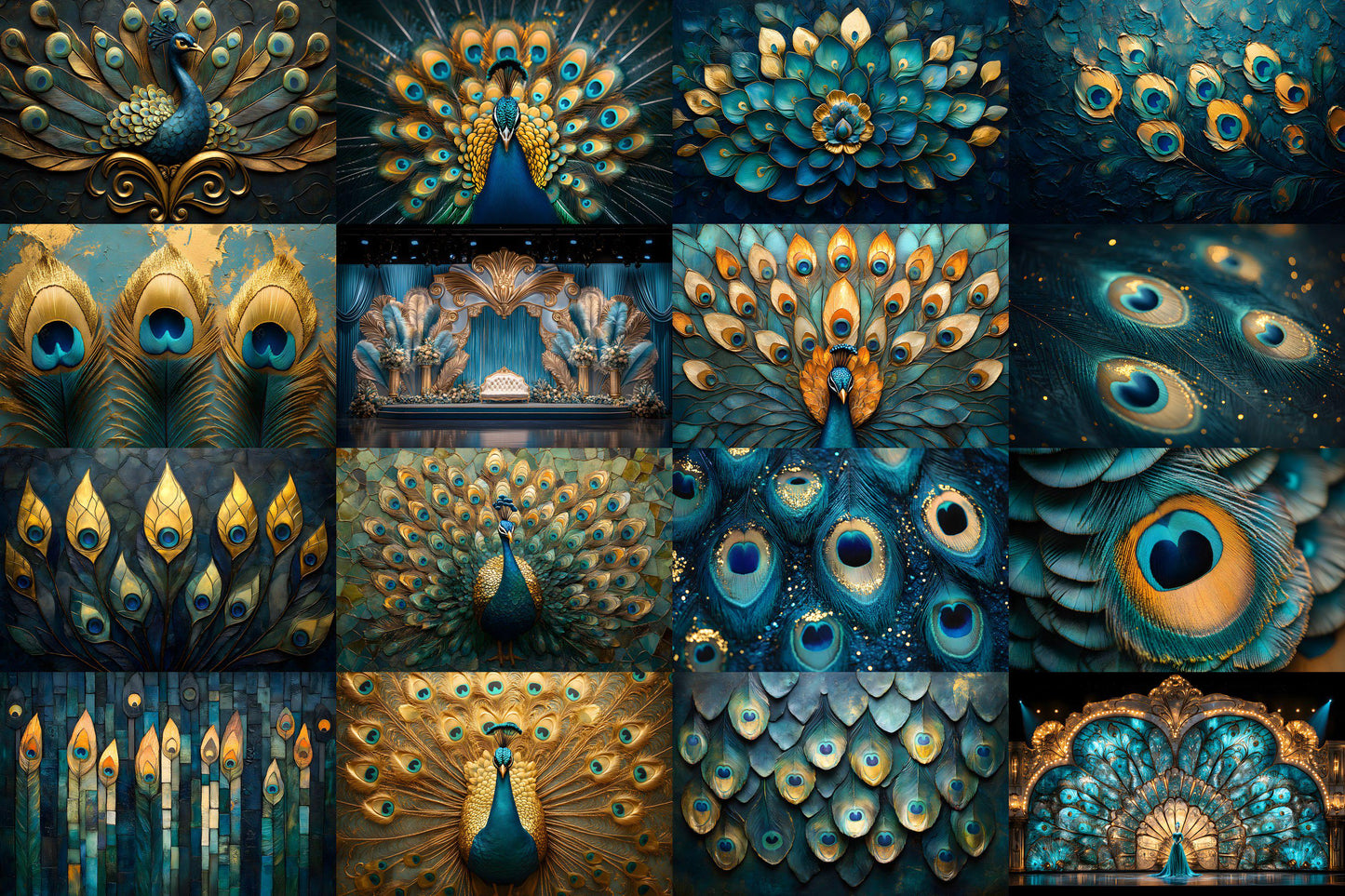 Peacock Deco Stage Backdrops | Elegant Art Deco Peacock Digital Backgrounds | Luxurious Gold & Teal Stage Design | Instant Download