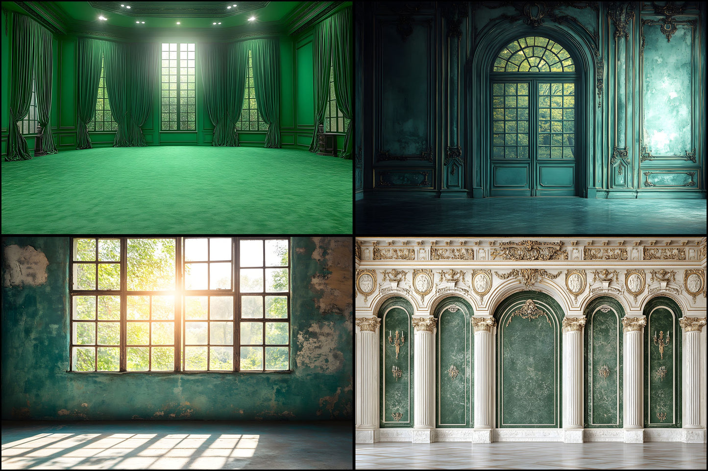 Royal Green Interior Digital Backdrop Collection, Photography Backgrounds, Elegant Home Photo Overlays, Virtual Studio Scenes, Fine Art Textures