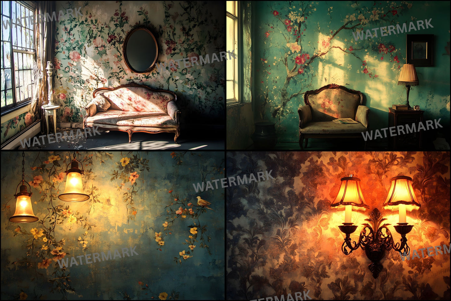 Vintage Wallpaper Room Digital Backdrop, Photography Backgrounds, Antique Interior Photo Prop, High-Res Image for Photographers