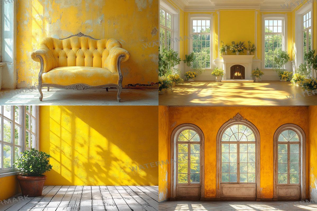 Yellow Vintage Room Backdrops - Warm Aesthetic PNGs for Digital Art Photography Design - 00x00px 32 Ratio