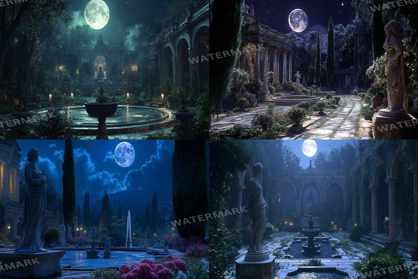 Moonlit Palace digital backdrop, 16:9 ratio. Majestic palace under the glow of the moon, perfect for streaming backgrounds or TV wallpaper