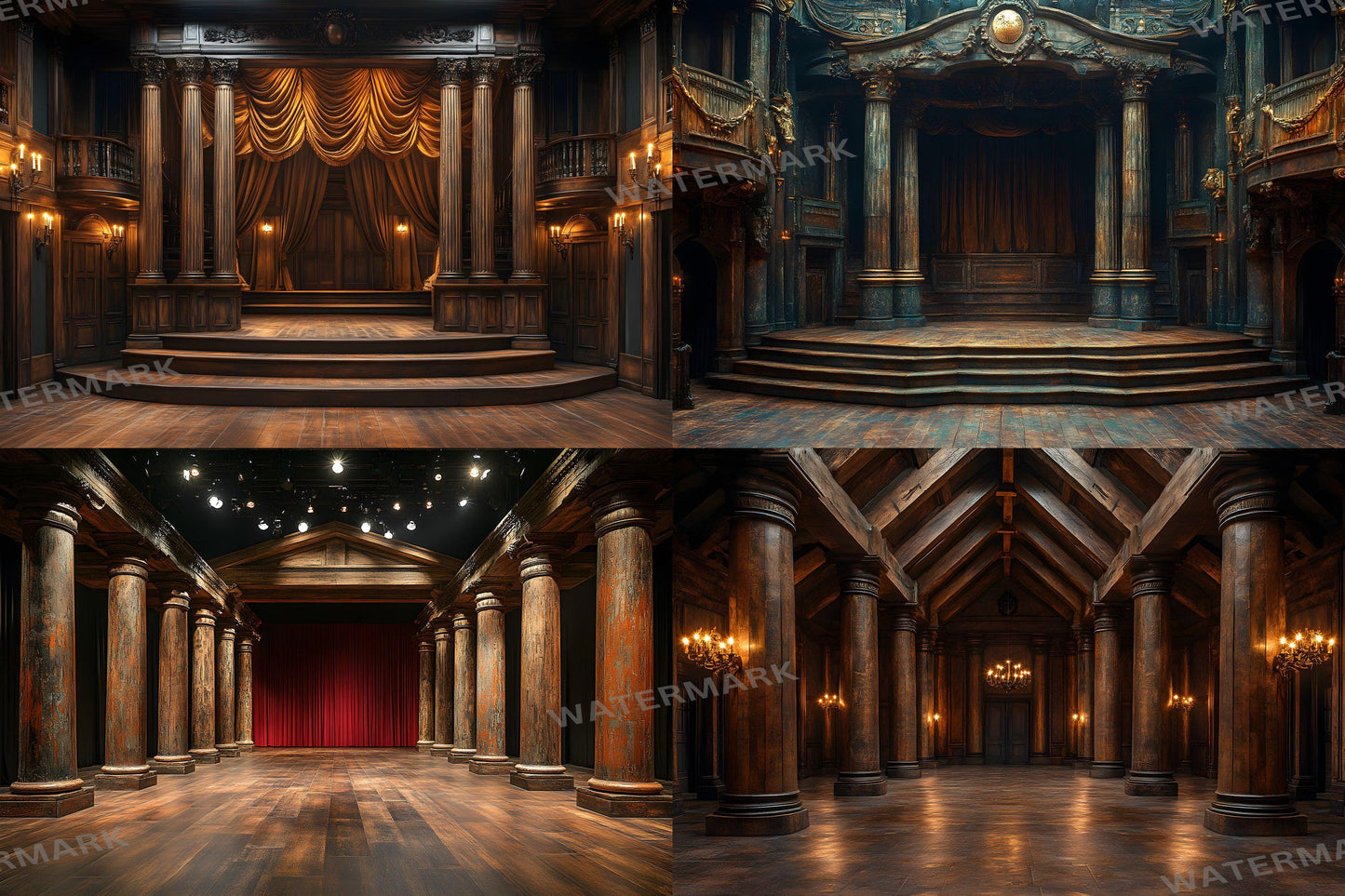 Shakespearean Stage Backdrops - Vintage Theatrical, Dramatic Play Scene, Regal Digital Backgrounds
