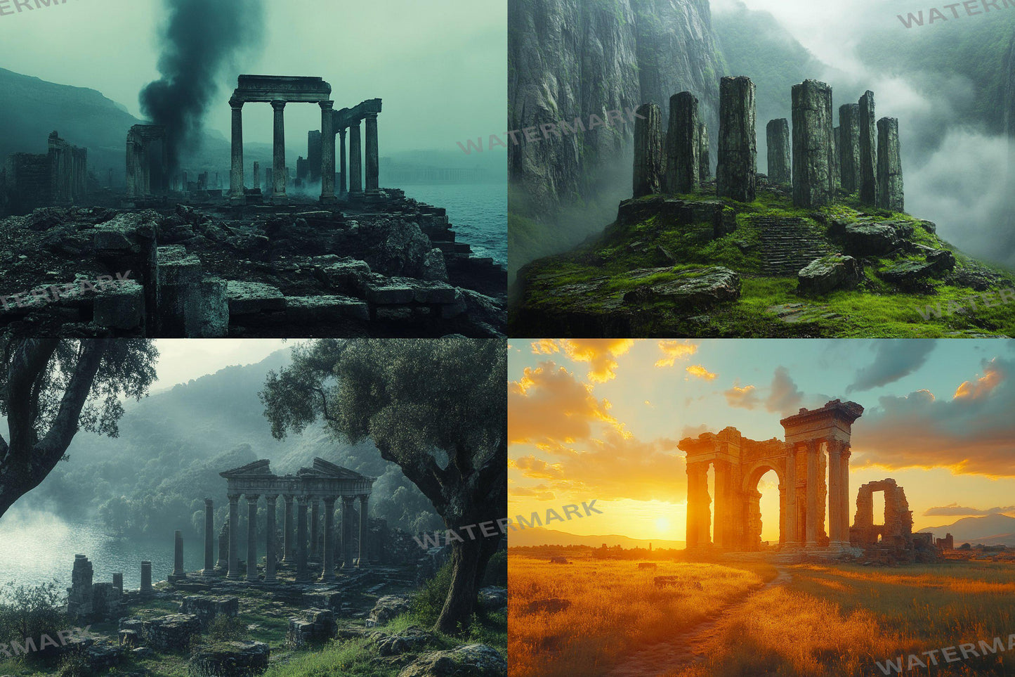 Ancient Ruins digital backdrop, 16:9 ratio. Overgrown ruins with sunlight, streaming and photography backdrops.