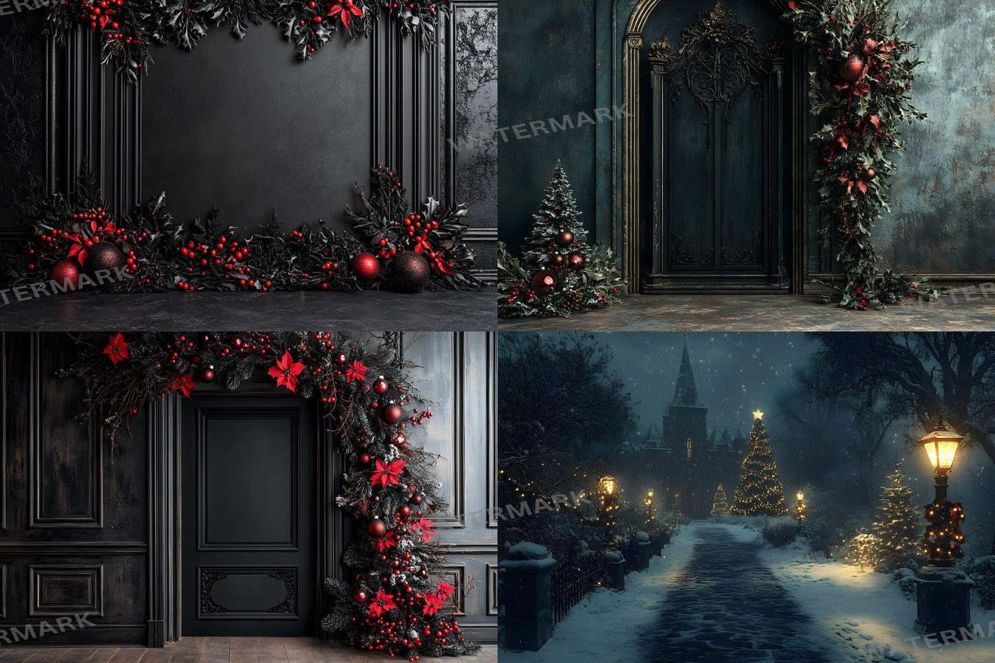 Gothic Christmas Backdrops, Black Christmas Backdrop, Gothic Festive Dark Hue Christmas Photography Backgrounds, Photoshop - 3:2 Ratio