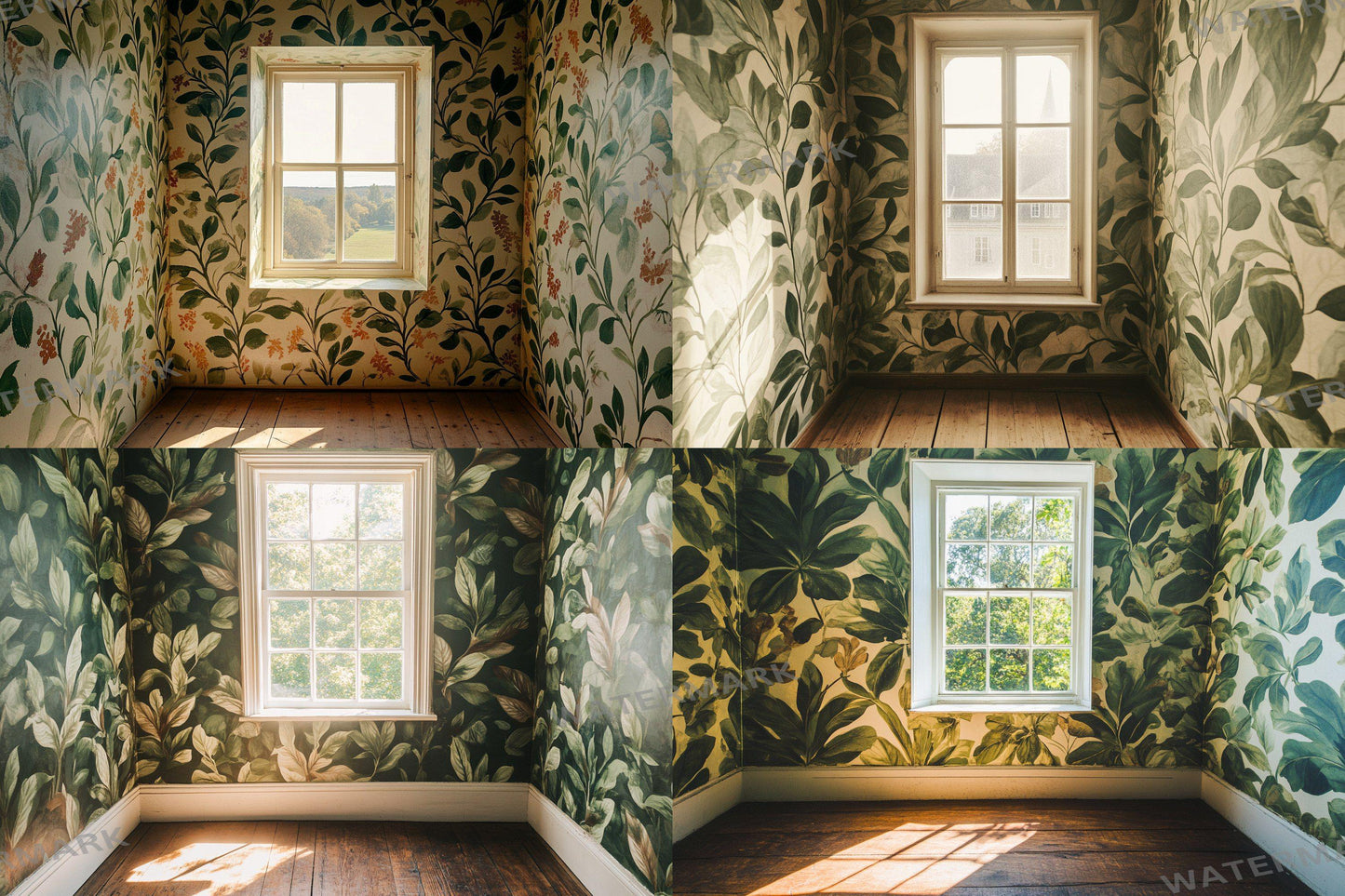 Botanical Window View Backdrops, Digital Forest Room Photography Props, Nature Interior Digital Backgrounds, Vintage Woodland Wallpapers