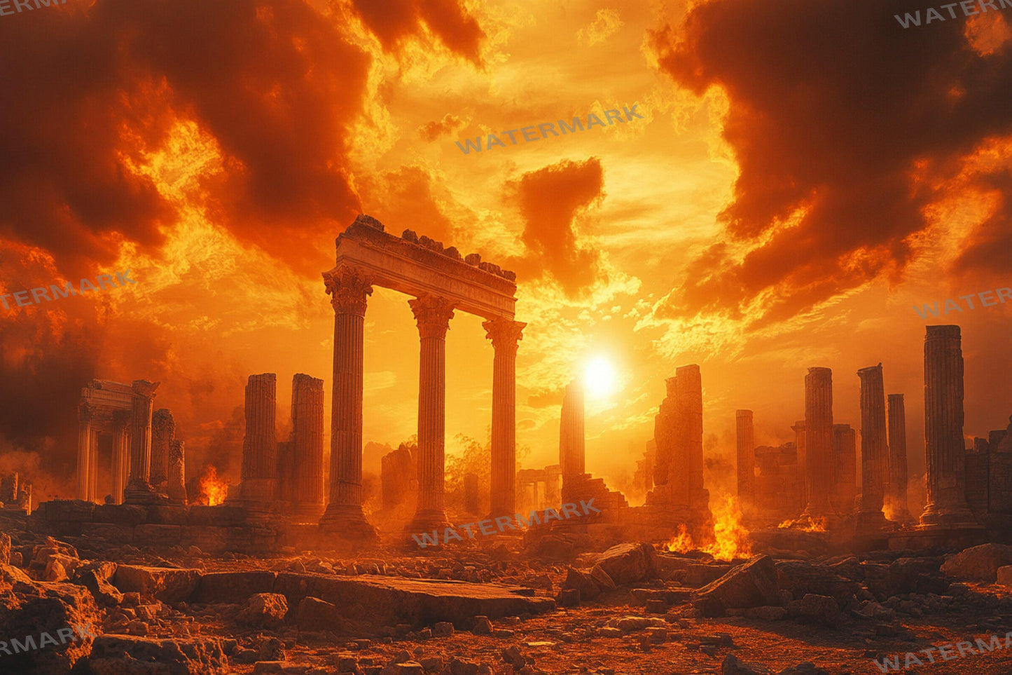 Ancient Ruins digital backdrop, 16:9 ratio. Overgrown ruins with sunlight, streaming and photography backdrops.