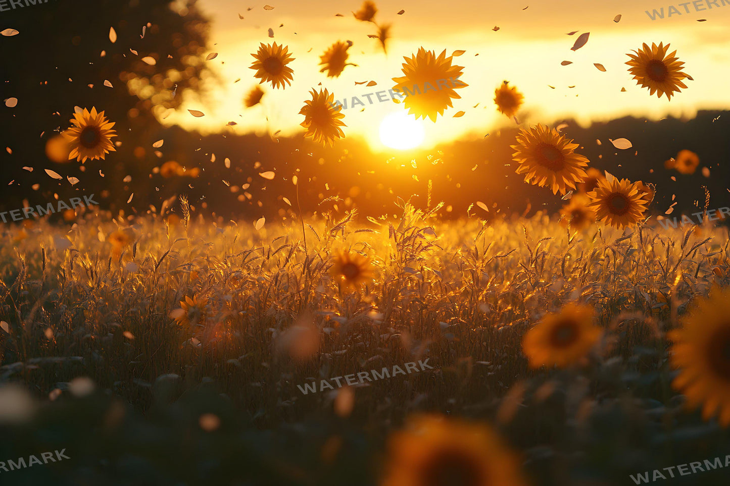Sunset Sunflowers Backdrops - Golden Hour Field Digital Backgrounds, Rustic Floral Photography Backdrop, Summer Aesthetic