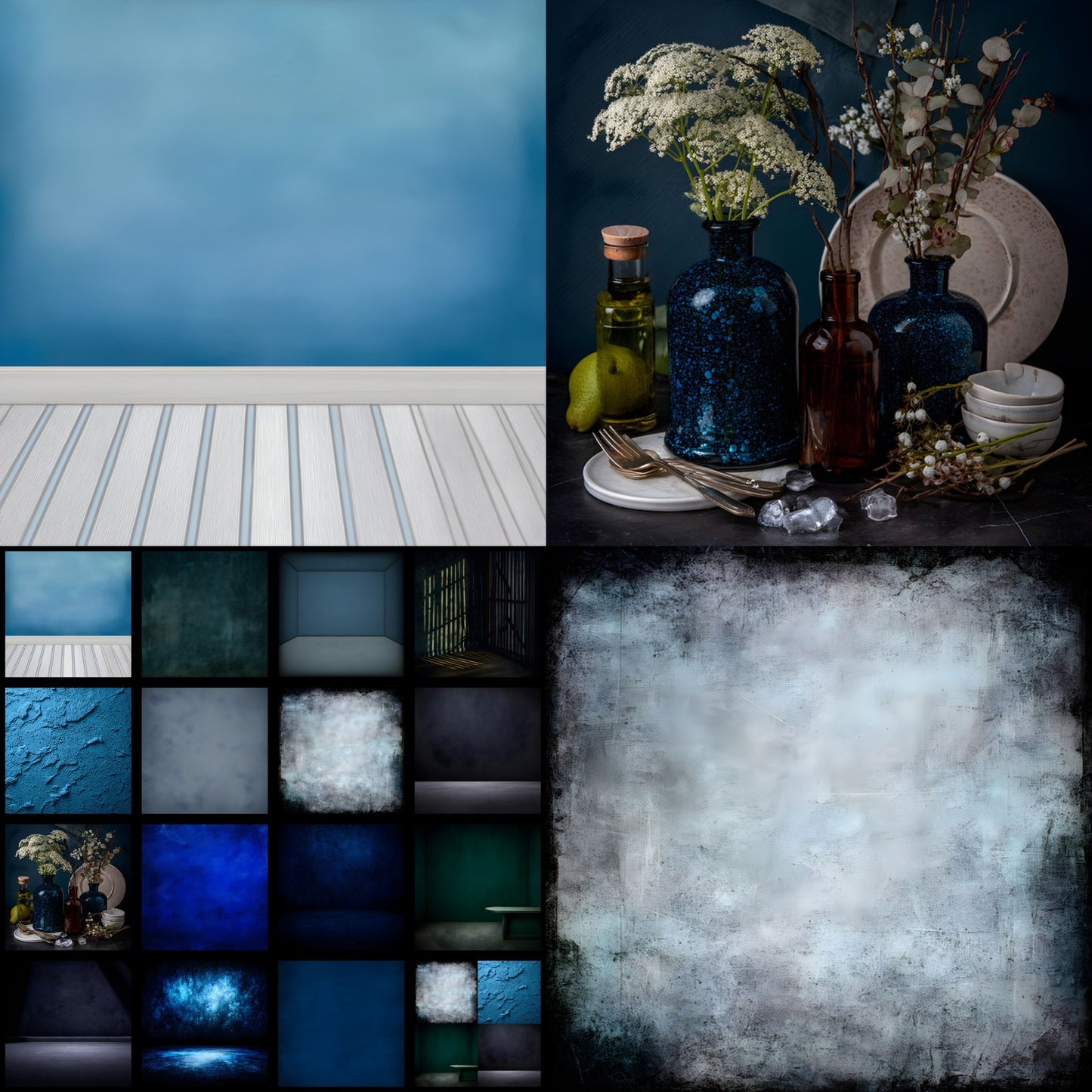 Blue Textured Photography Backdrop, Vignette Wall Digital Background for Portrait Photoshoots, Square Format Fine Art Texture for Photographers