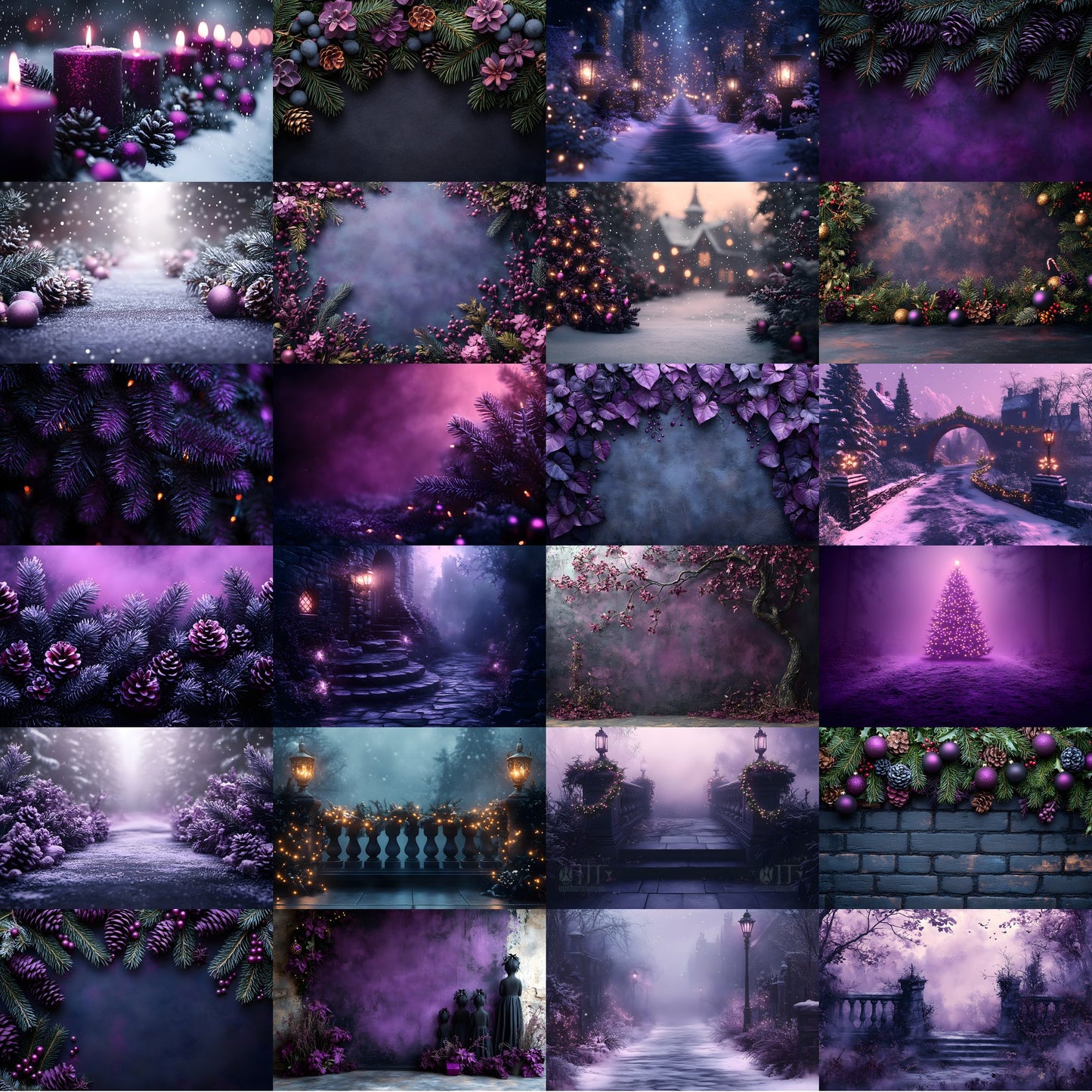 Gothic Purple Christmas Backdrop Set, Festive Holiday Backgrounds, Dark Winter Photography, Digital Photo Overlays, Fantasy Xmas Scenes