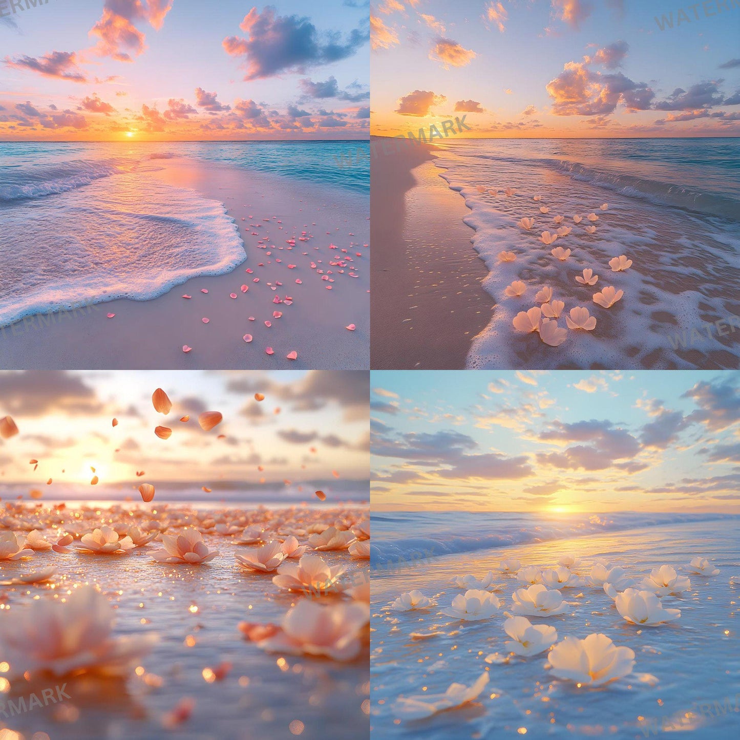 Sunset Oasis Backdrops, Dreamy Beach Photography Backgrounds, Pink Petal Shoreline Scenes, Sunset Beach Wedding and Maternity Backdrops