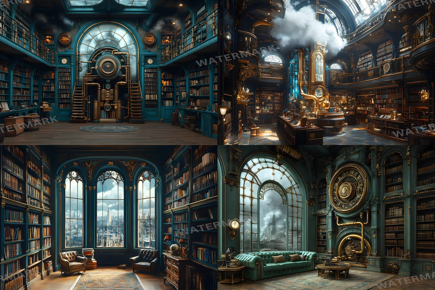 Steampunk Library Charm Backdrops | Vintage Study | Steampunk Bookshelves | Gothic Reading Nook | Digital Backgrounds