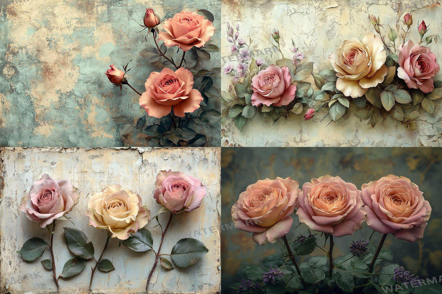 Vintage rose bouquet digital backdrops, floral PNG overlays, shabby chic photography backgrounds, pink flower scene composite props