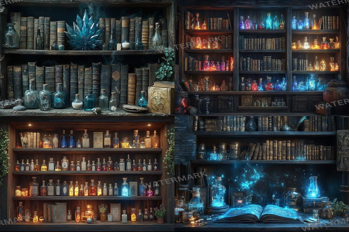 ALCHEMISTS LIBRARY - 4Magical Witchcraft Photography Backdrops in Warm Aesthetic Ideal for Artists Designers