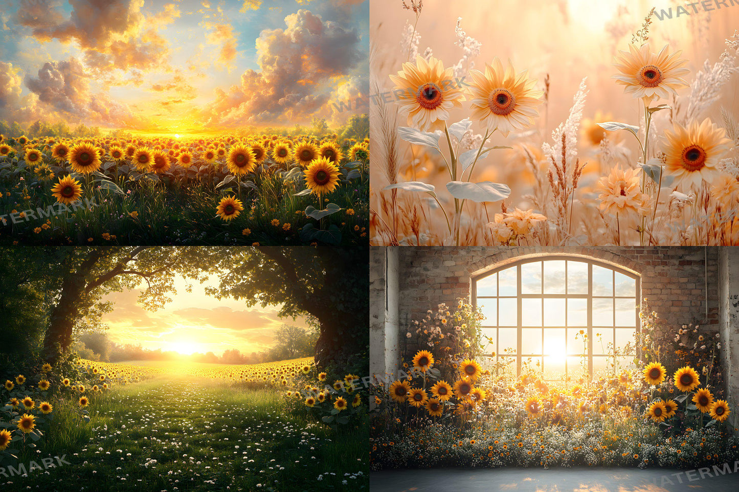 Sunset Sunflowers Backdrops - Golden Hour Field Digital Backgrounds, Rustic Floral Photography Backdrop, Summer Aesthetic